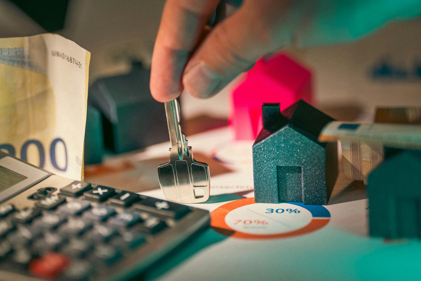 drain-cleaning A close-up of real estate financial planning with keys, calculator, and money.